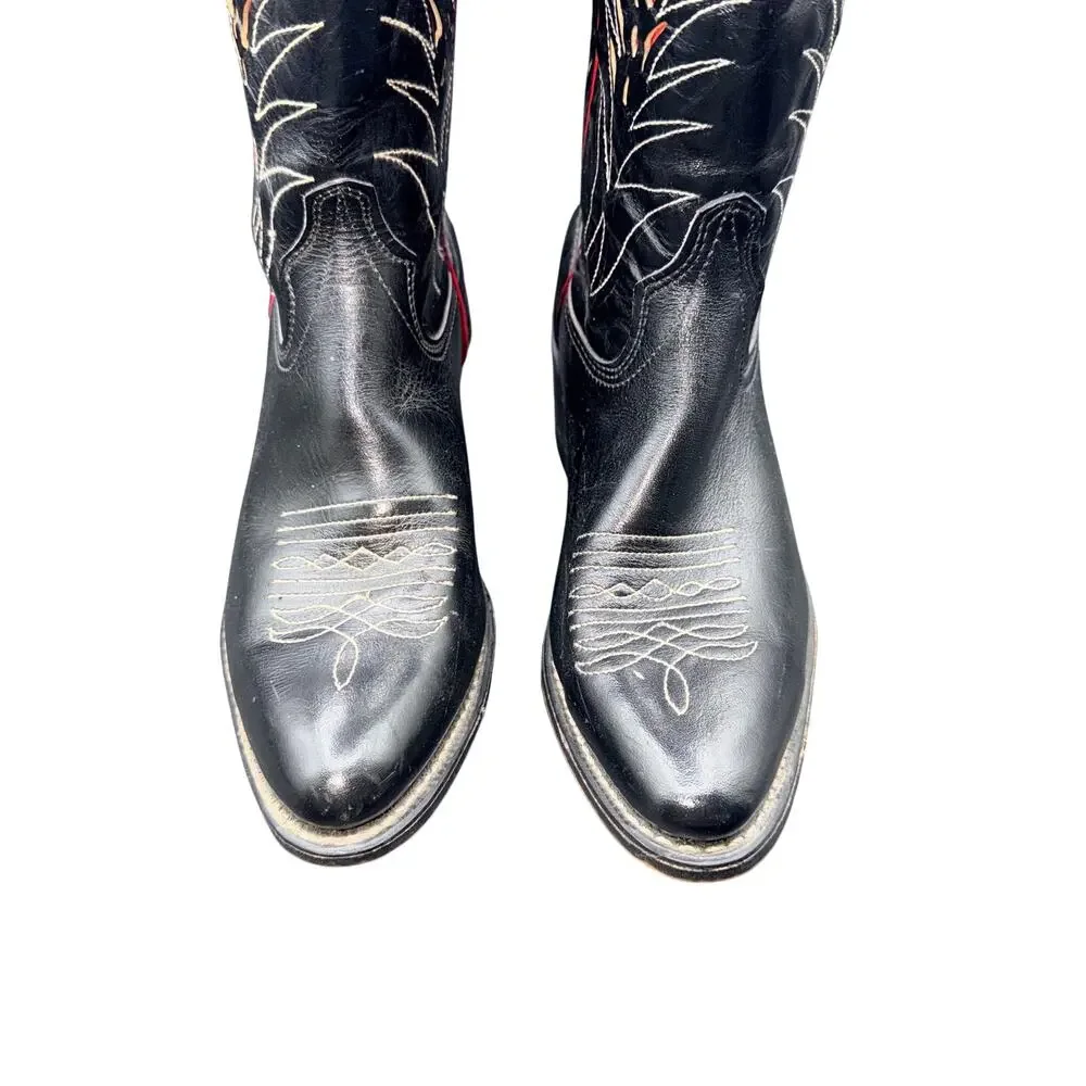 Vintage Wrangler Women’s 6 M Black Leather Cowboy Boots Red Western Embroidered